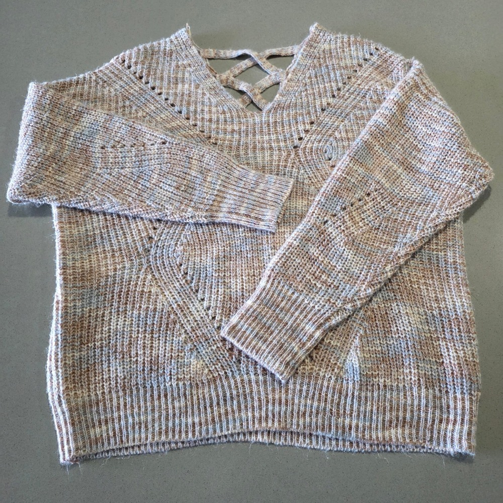 Marled Knit V-Neck Strappy‎ Back Sweater Tan Grey PCA1811